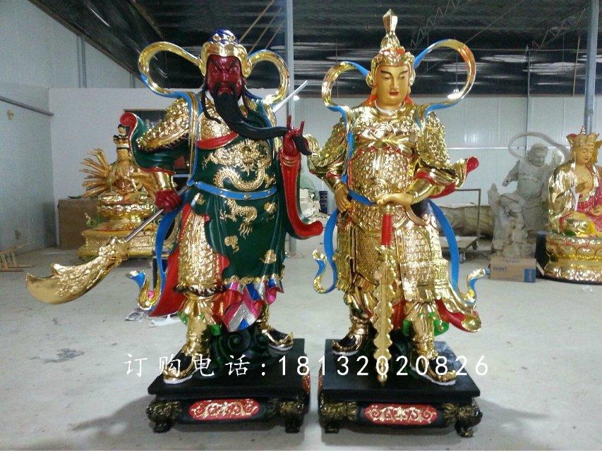 玻璃鋼貼金關(guān)公雕塑，玻璃鋼貼金韋陀雕塑