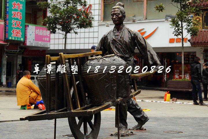 獨輪車銅雕，街頭古代人物雕塑